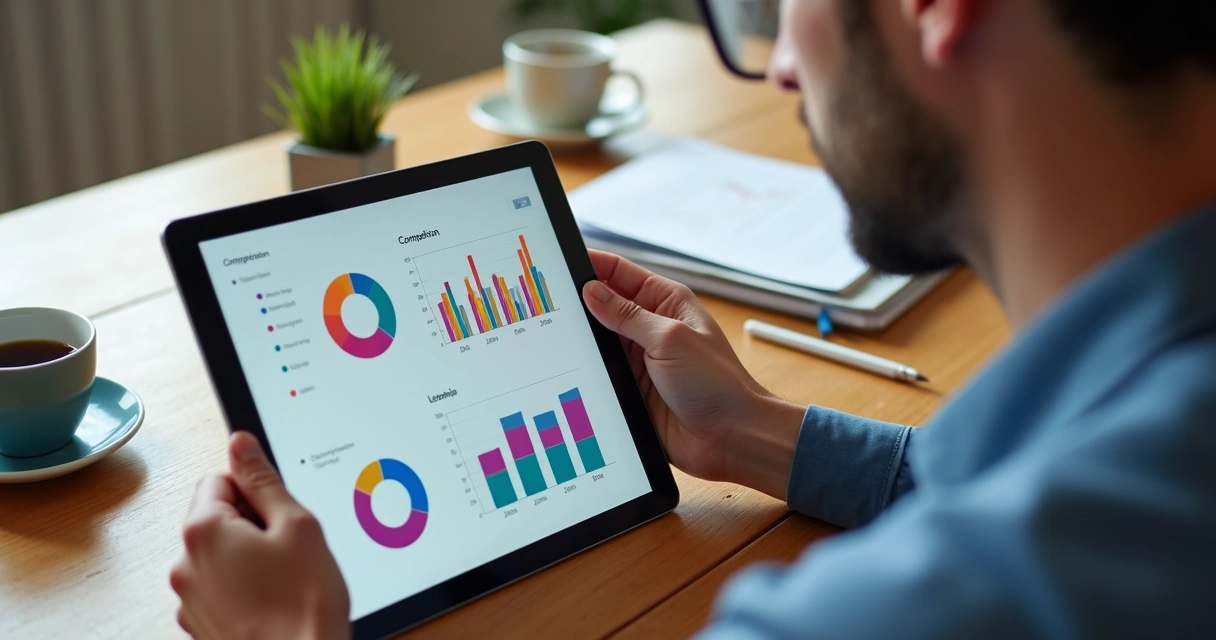 Empreendedor analisando gráficos de concorrência em tablet 