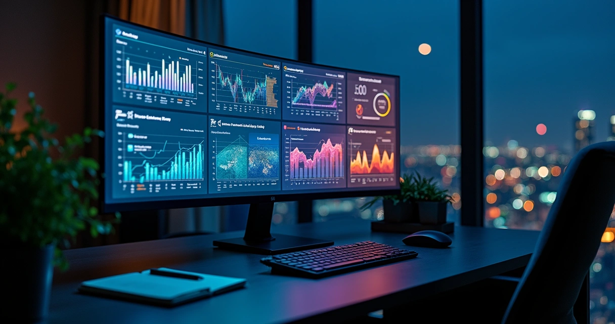 Tela dividida comparando gráficos de desempenho de empresas com ícones de inteligência artificial 