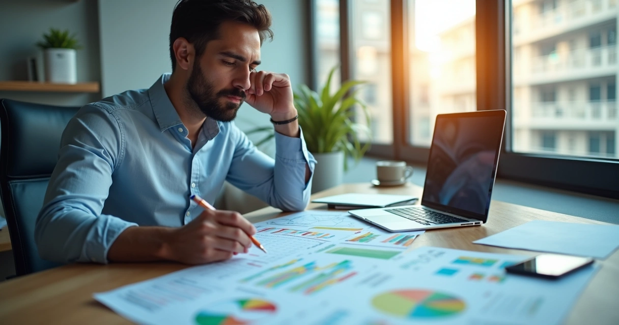 Pessoa analisando gráficos de concorrência em mesa com computador e papéis