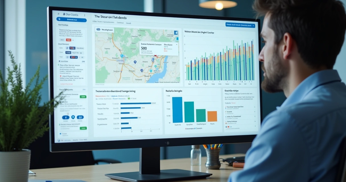 Profissional avaliando gráficos e sites de clínicas odontológicas na tela do computador