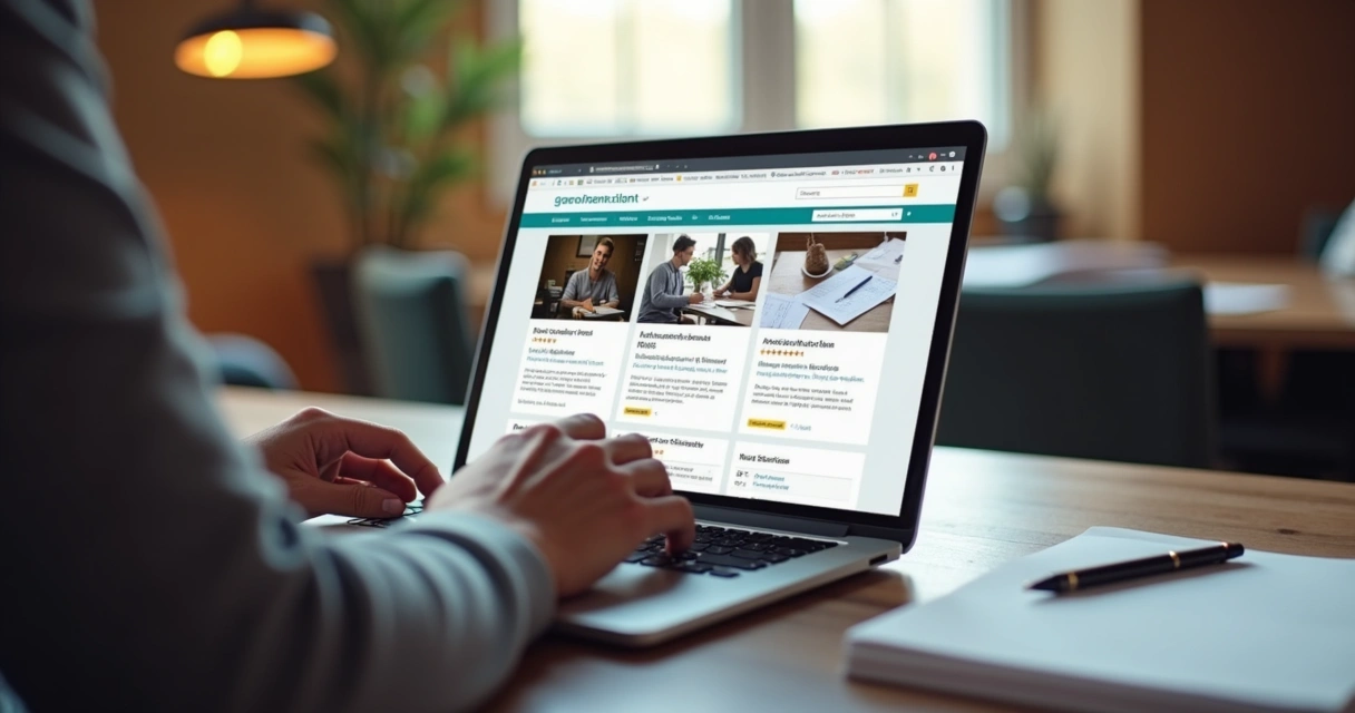 Pessoa analisando sites de cursos online no notebook 
