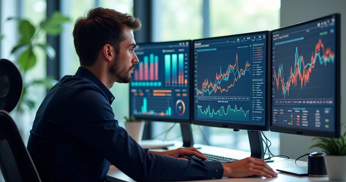 Pessoa analisando dados e gráficos de concorrentes em tela de computador com interface de inteligência artificial 