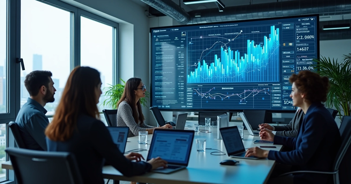 Equipe analisando gráficos de concorrentes em tela ampla 