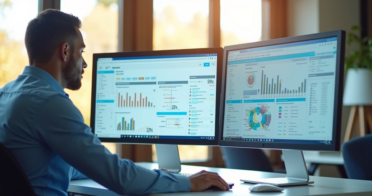 Profissional em frente a dois monitores analisando gráficos de desempenho digital 