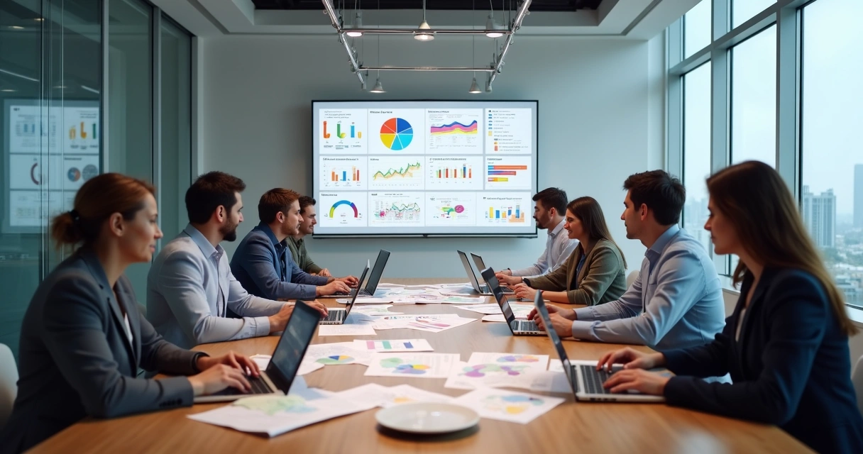 Pessoas reunidas ao redor de uma mesa analisando gráficos e sites de marcas concorrentes 