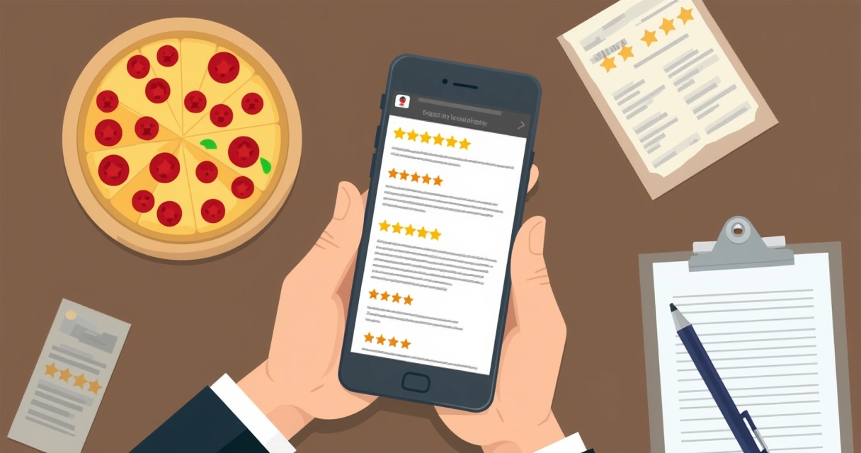 Pessoa analisando avaliações de pizzarias no smartphone