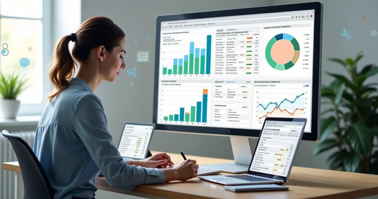 Profissional analisando gráficos de concorrentes em tela grande para planejar temas de blog 