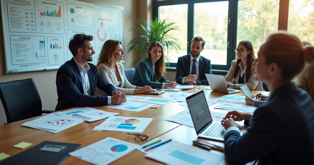 Equipe reunida em mesa discutindo estratégias de mercado em ambiente corporativo 