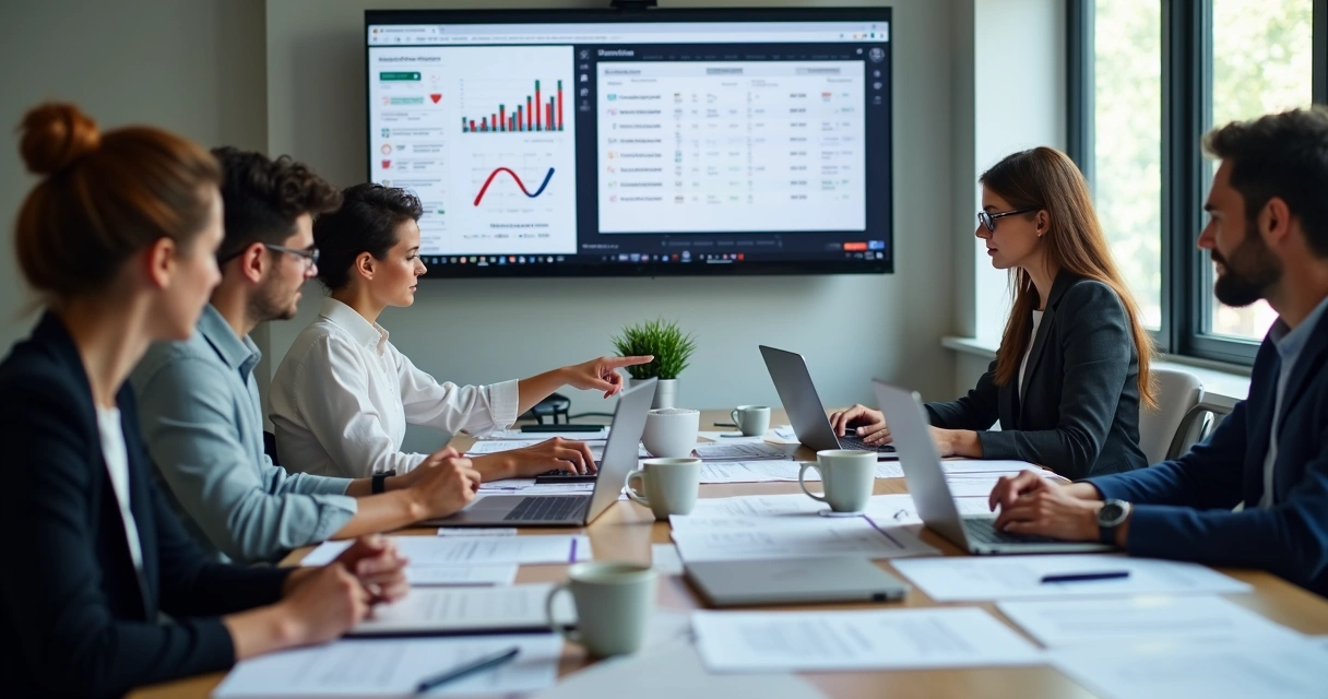 Equipe analisando dados cadastrais em notebooks e relatórios impressos 