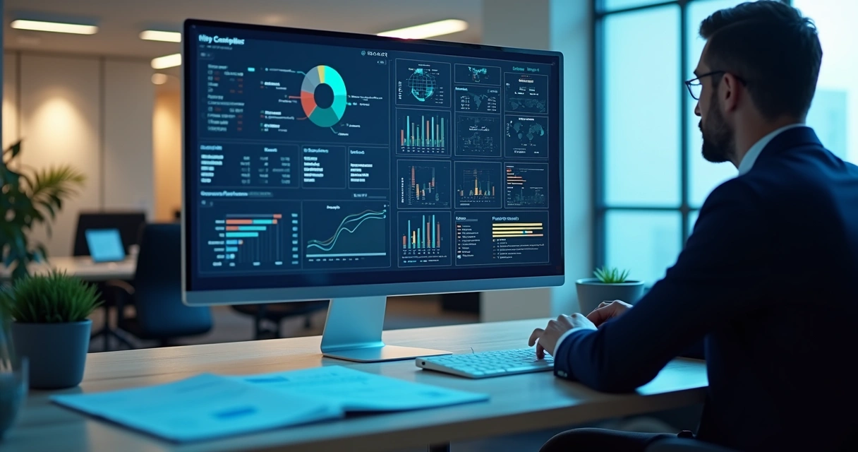 Profissional verificando relatórios de compliance em tela de computador 