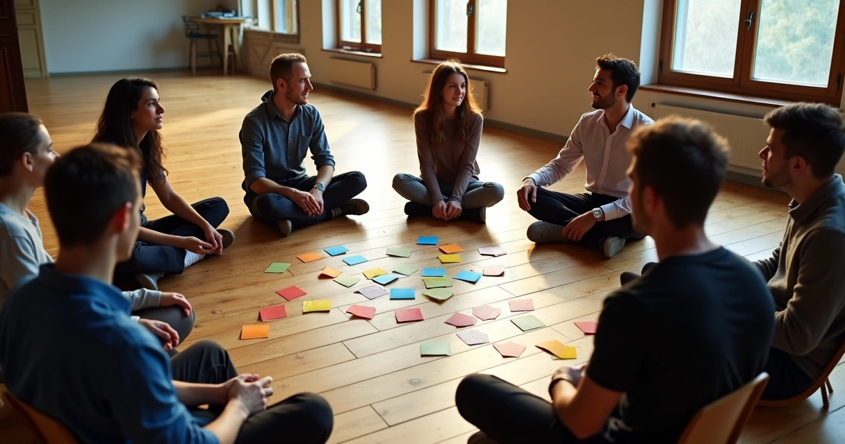 Grupo de pessoas em círculo discutindo com fichas no chão 
