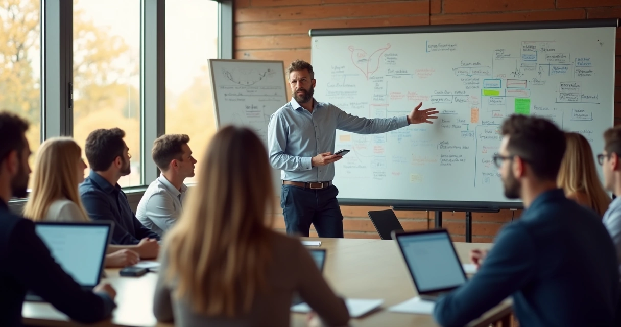 Profissional facilitando avaliação coletiva em ambiente corporativo 