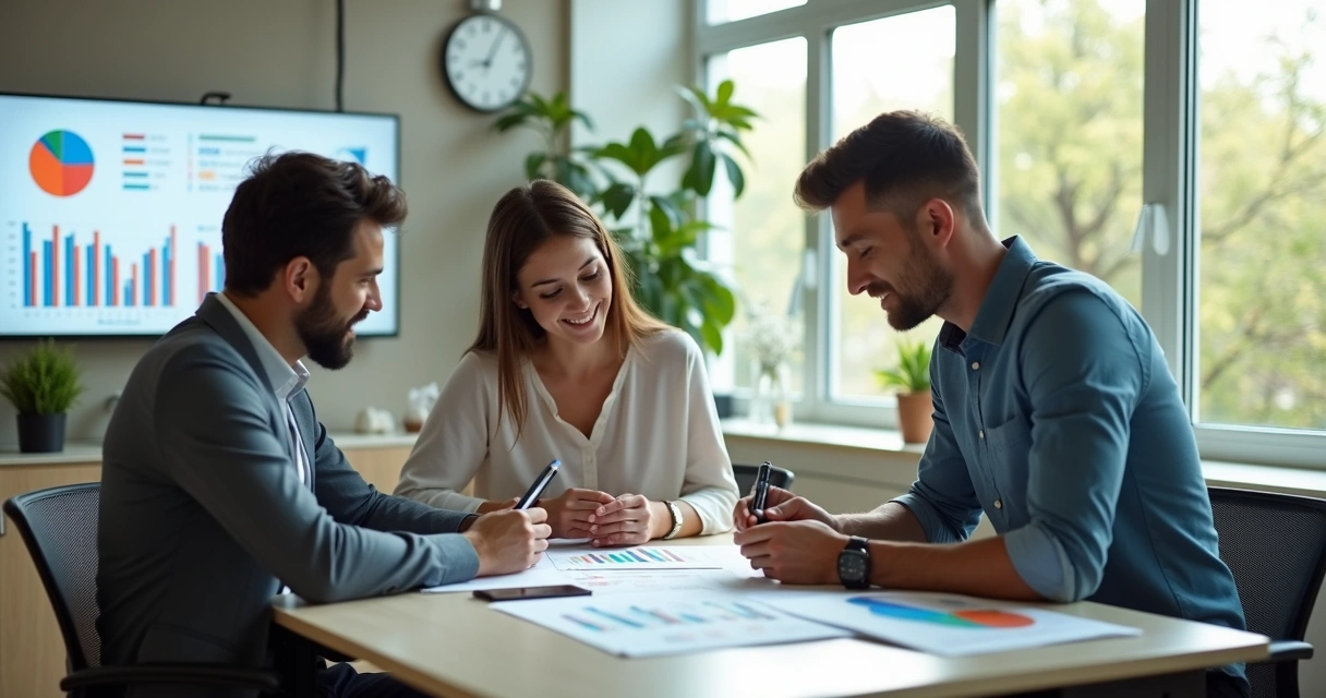 Consultor financeiro analisando documentos e gráficos em uma mesa