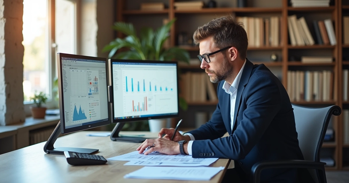 Pessoa analisando documentos fiscais em mesa de escritório digitalized