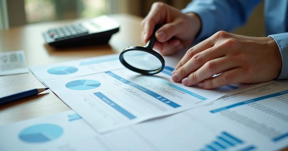 Pessoa analisando contas empresariais com uma lupa sobre documentos financeiros 