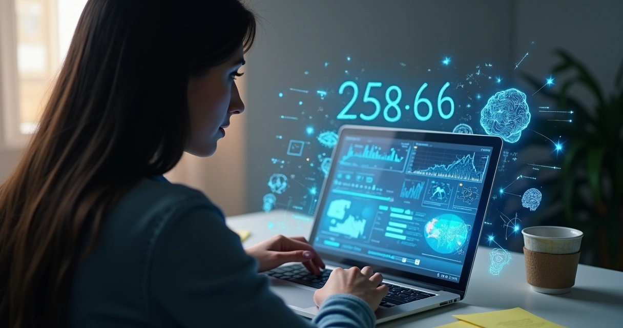 Mulher analisando gráficos de desempenho em laptop com elementos de IA na tela 