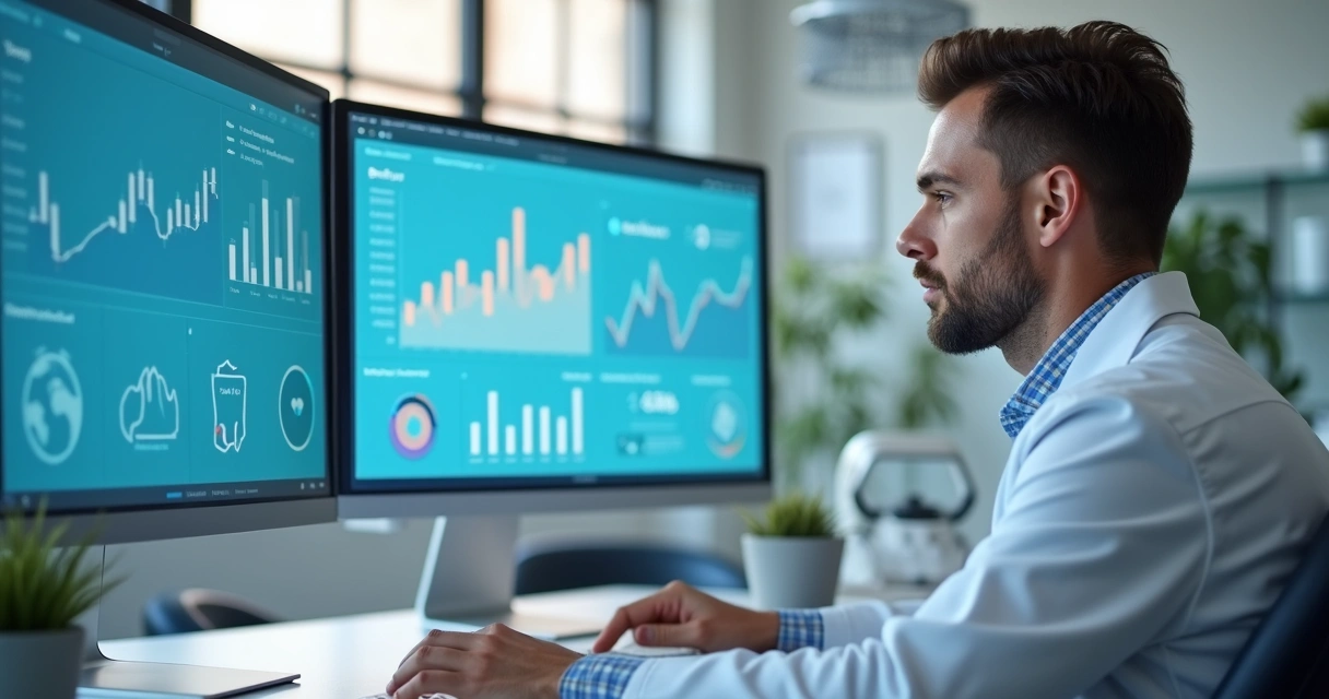 Dentista analisando métricas de engajamento em computador 