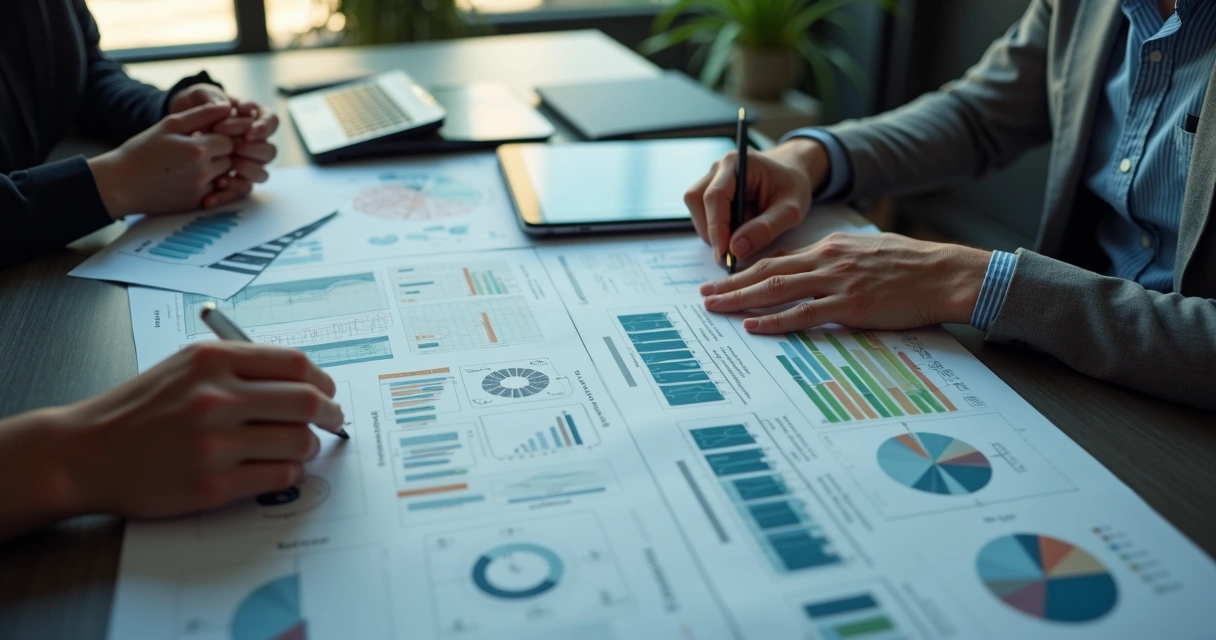 Duas pessoas analisando informações em uma mesa, com gráficos, papéis e conexão entre elementos 