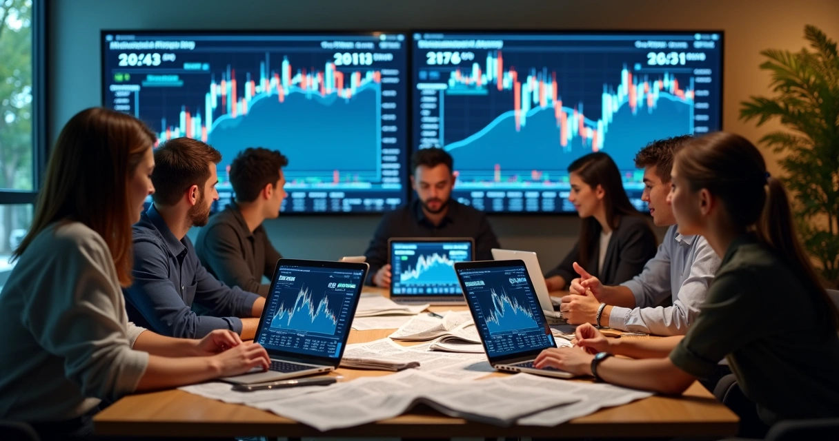 Pessoas analisando gráficos e notícias em diferentes telas de computador 