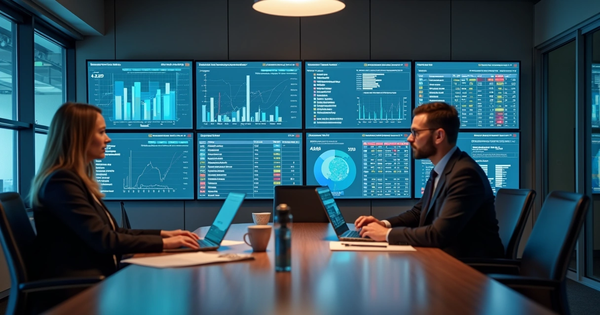 Profissionais analisando dashboards de risco e dados de fornecedores em monitores grandes 