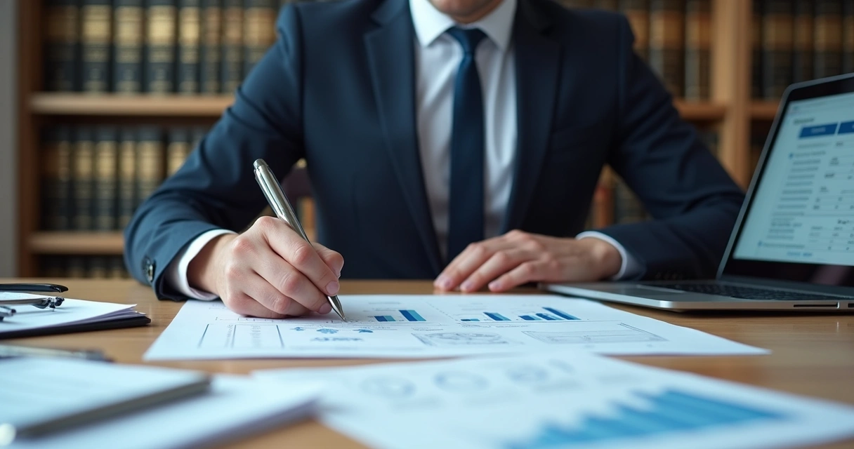 Perito examinando documentos e relatório técnico sobre mesa de escritório 