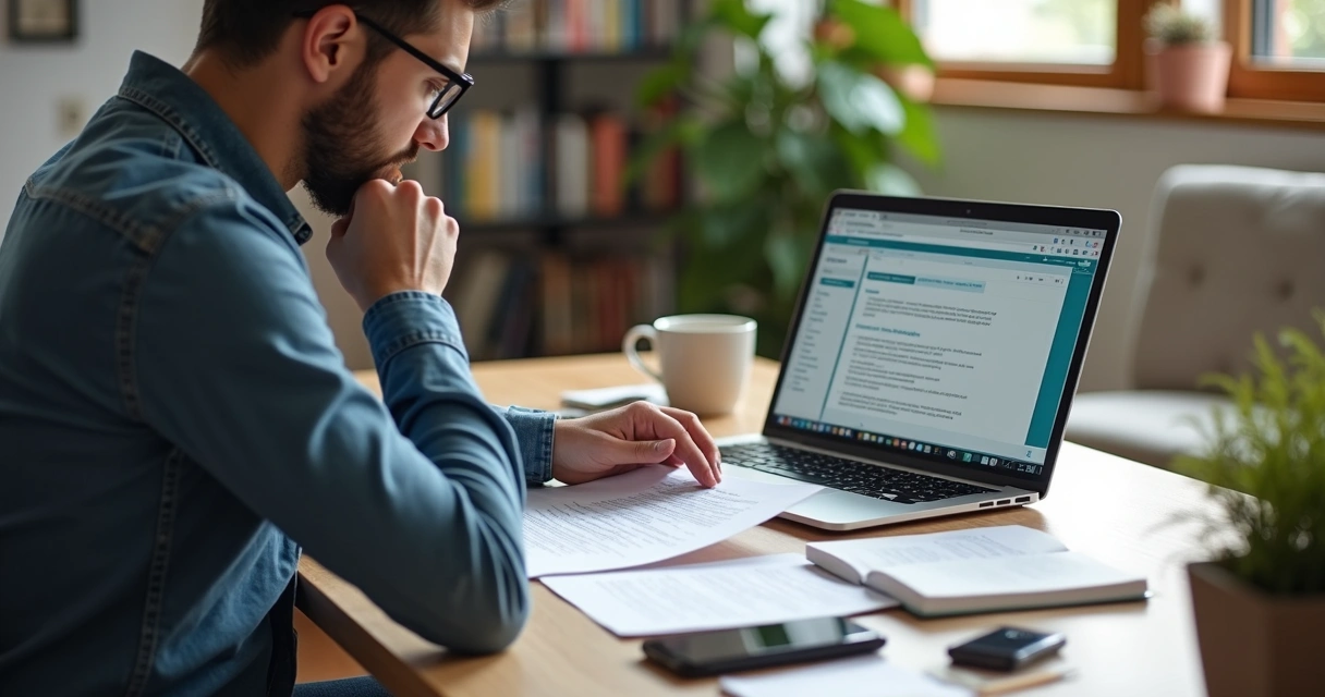 Profissional analisando contrato com freelancer em mesa de trabalho com laptop e anotações 