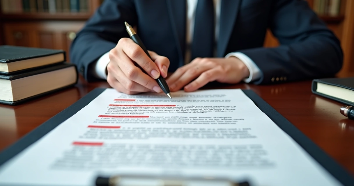 Pessoa folheando um contrato, olhando uma cláusula destacada em vermelho 