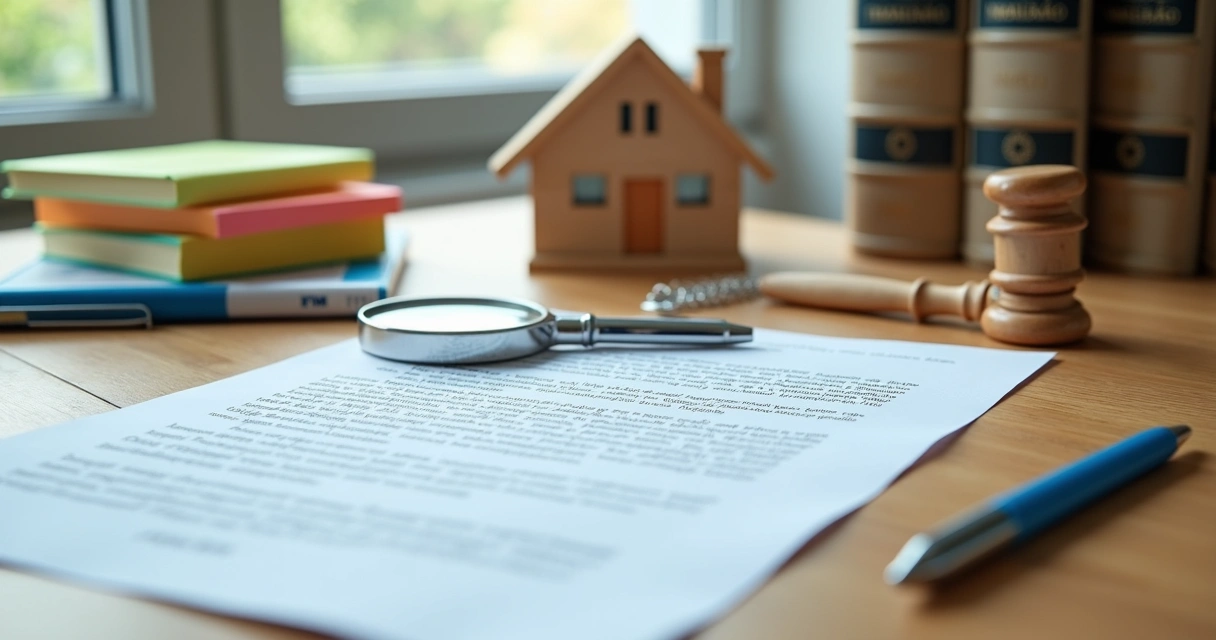 Mesa com contrato de aluguel, lupa e miniatura de casa 