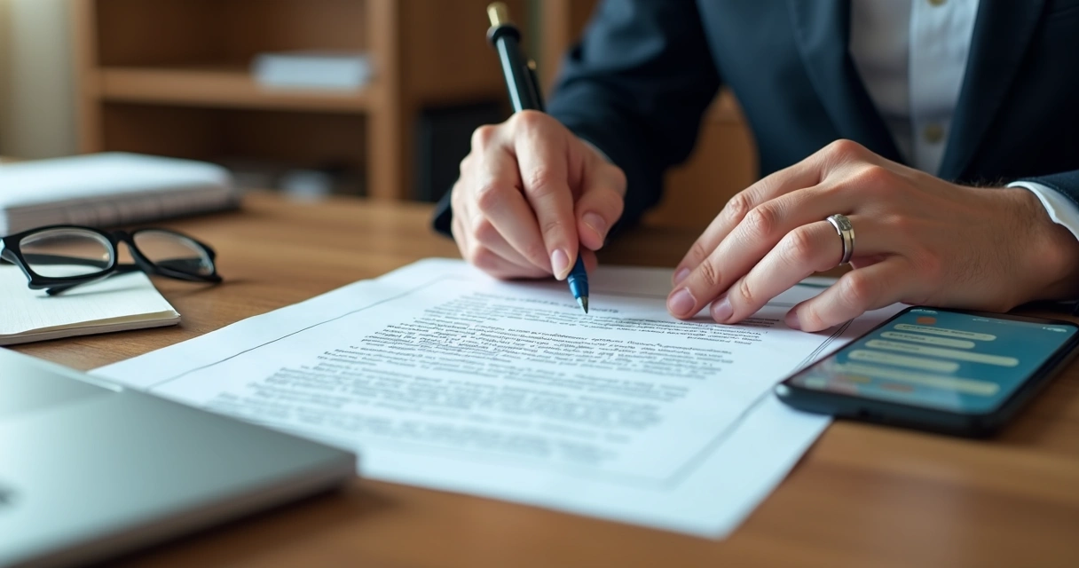 Advogado analisando contrato bancário ao lado de celular com conversa aberta