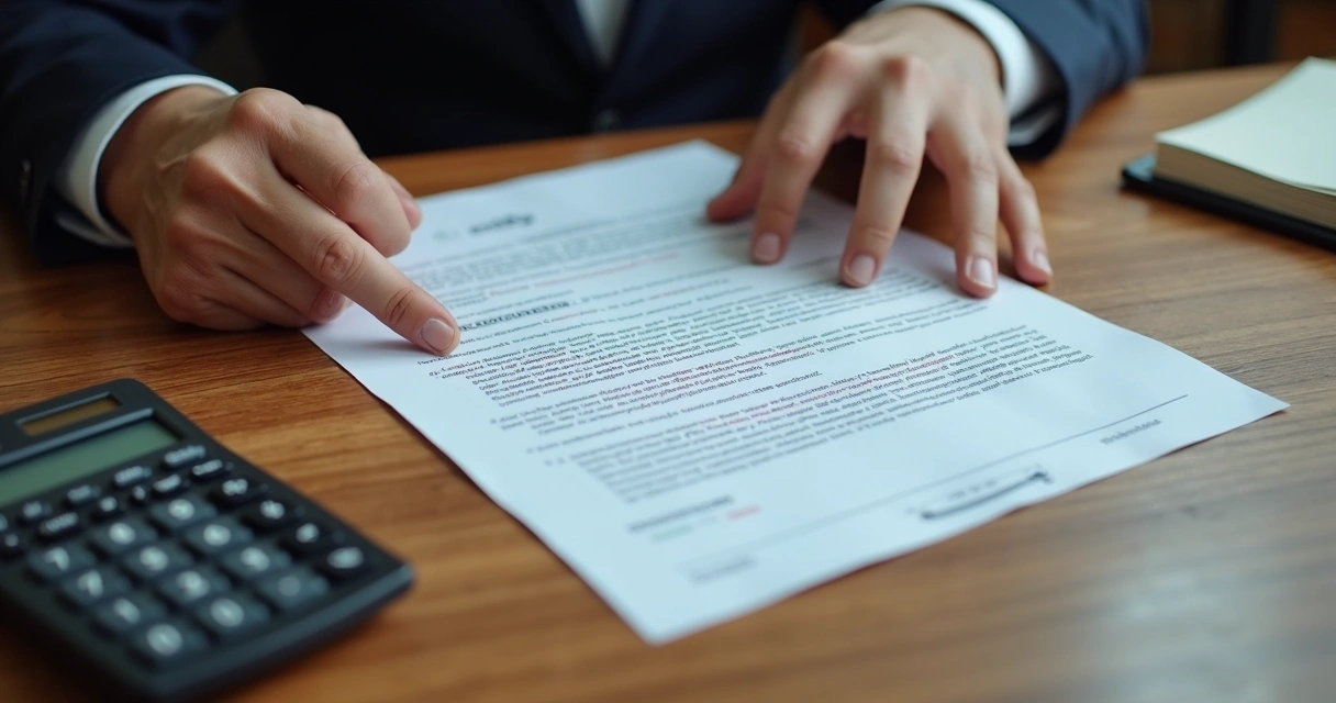 Advogado analisando contrato bancário com extratos e calculadora