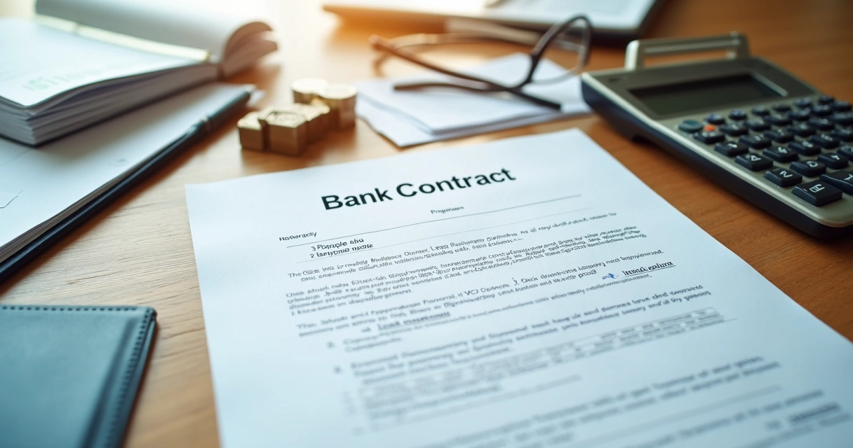 Contrato bancário com calculadora e documentos sobre a mesa
