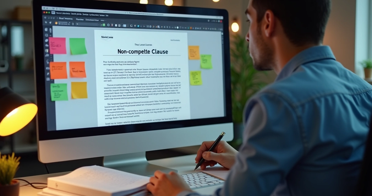 Pessoa analisando contrato digital com destaque para cláusula de não competição 