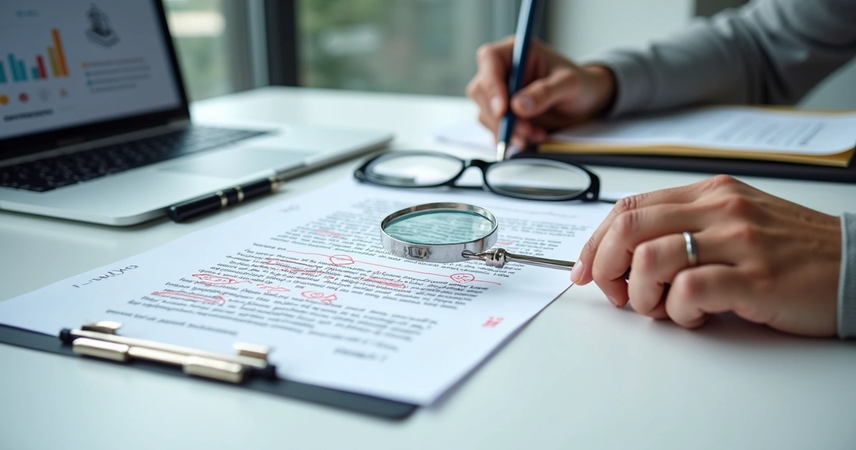 Profissional analisando contrato comercial com lupa e marcações em vermelho 