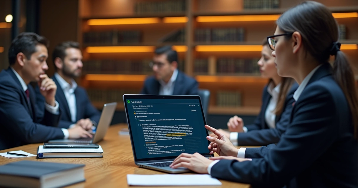 Advogados analisando contrato com ajuda de IA em tela de computador 