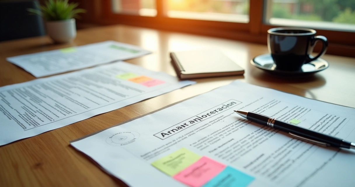 Contratos com marcações e anotações em uma mesa de trabalho 