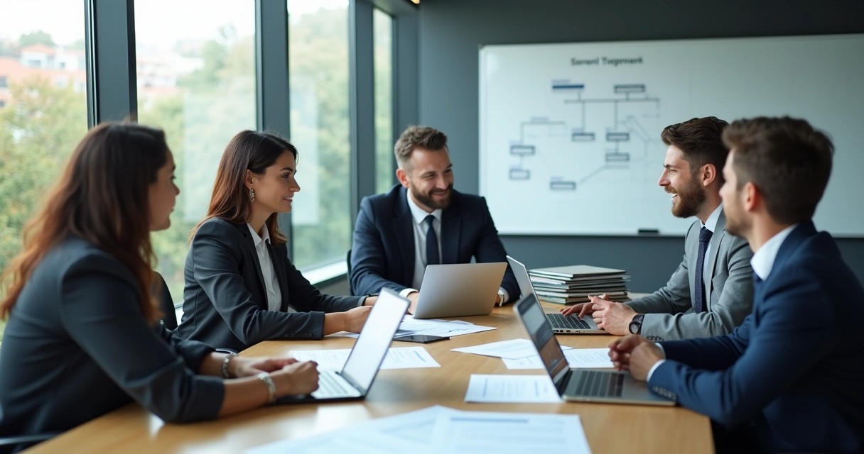 Profissionais analisando contrato em mesa com papéis e computadores 