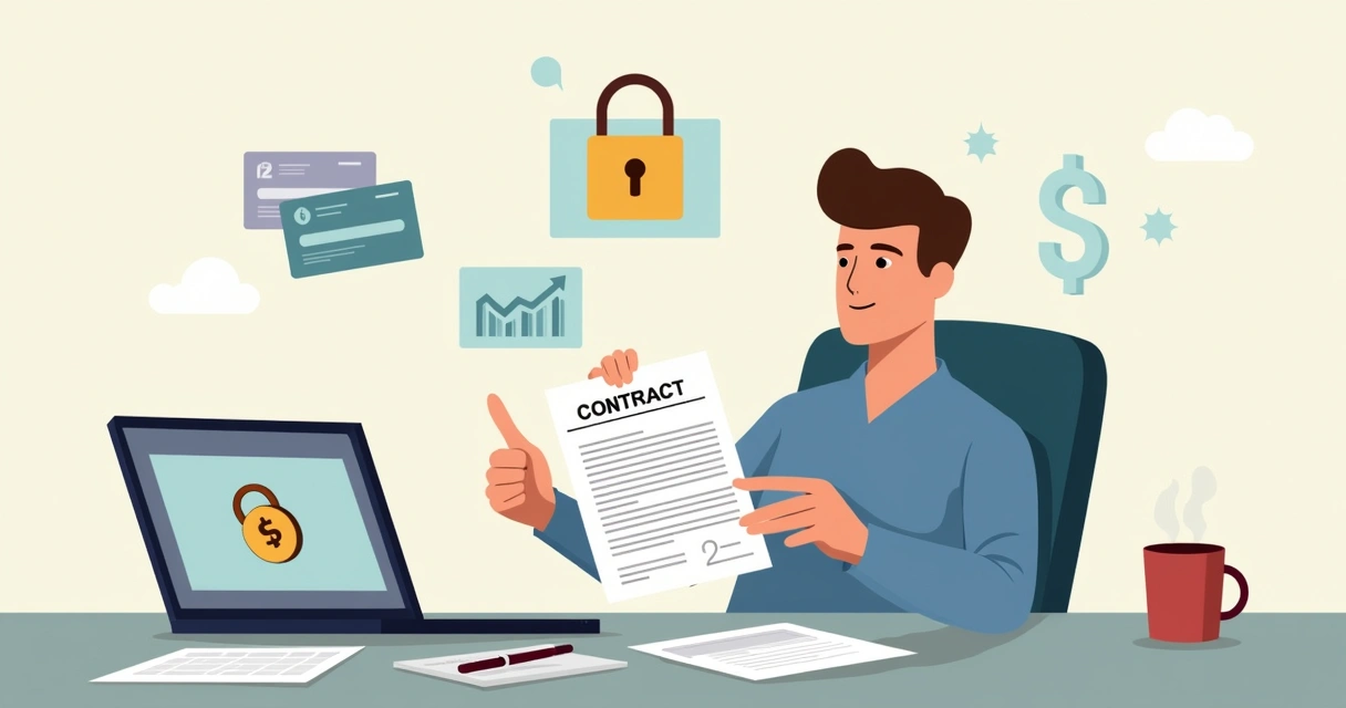 Pessoa analisando contrato impresso ao lado de laptop com símbolo de dinheiro 