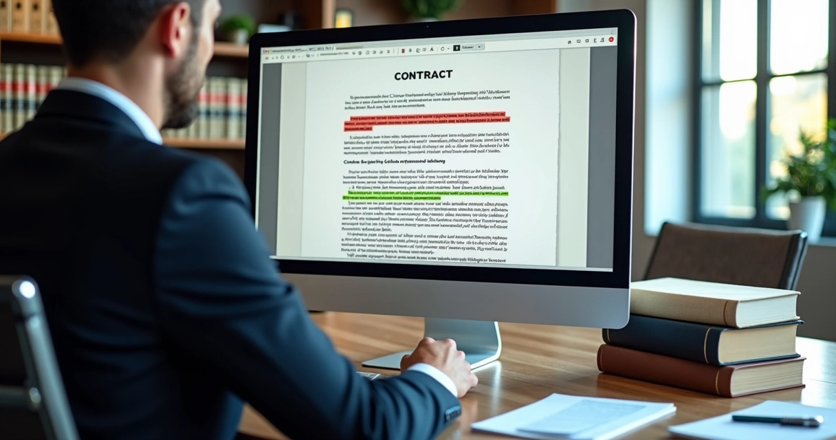 Advogado utilizando computador para análise contratual com inteligência artificial 