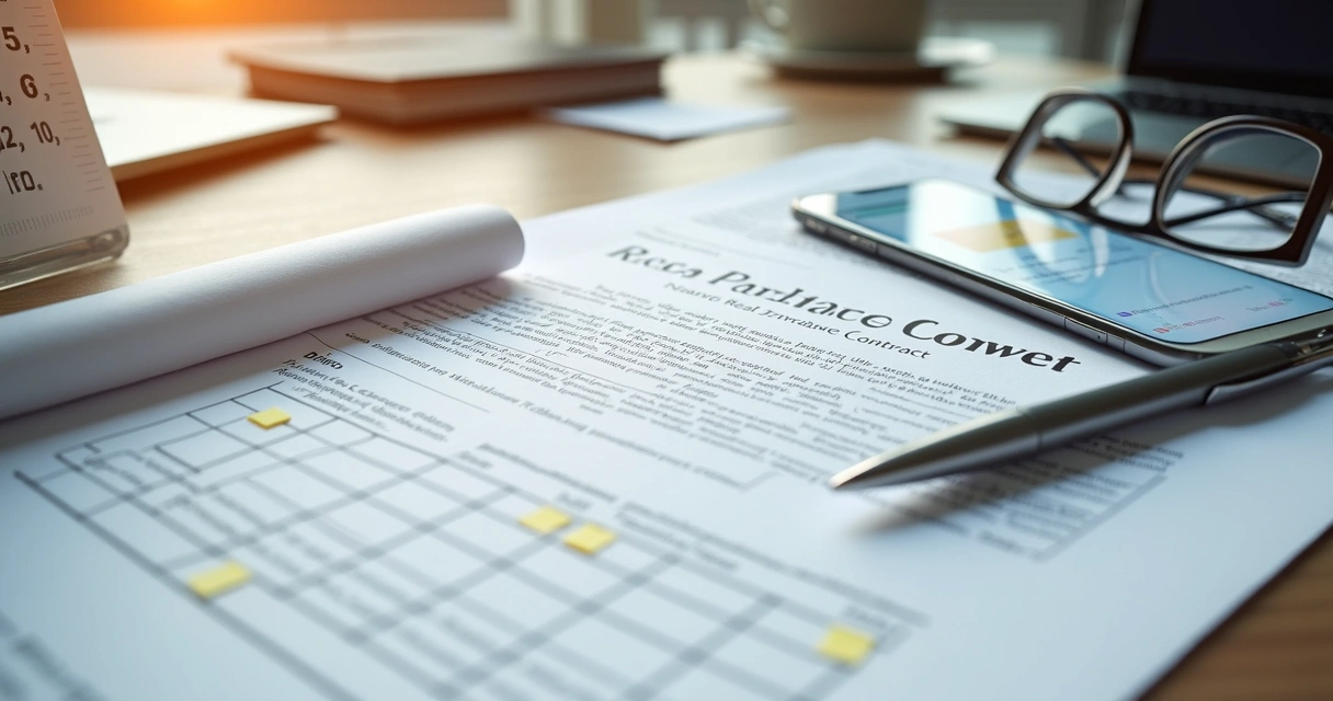 Contrato imobiliário sendo analisado com calendário e caneta
