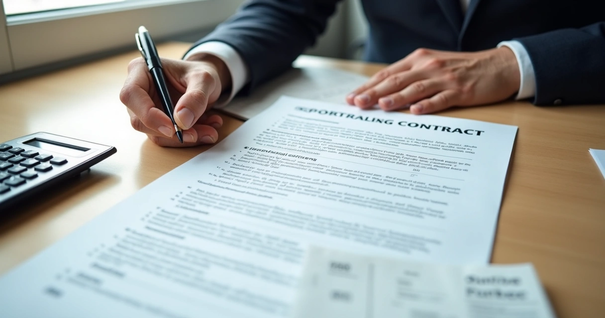 Contrato imobiliário sendo analisado com calculadora e documentos