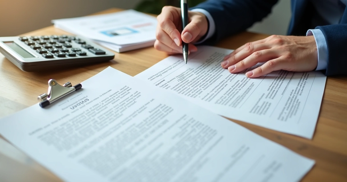Contrato imobiliário sendo analisado com documentos e calculadora