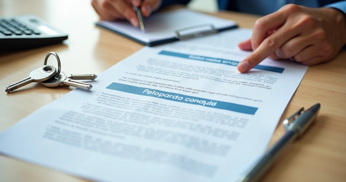 Pessoa analisando contrato imobiliário com chaves e documentos na mesa 