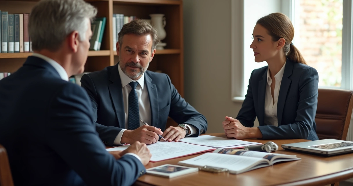 Advogado analisando contrato imobiliário em mesa com casal cliente 