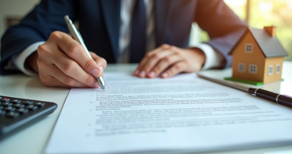 Pessoa analisando contrato de compra e venda de imóvel sobre mesa