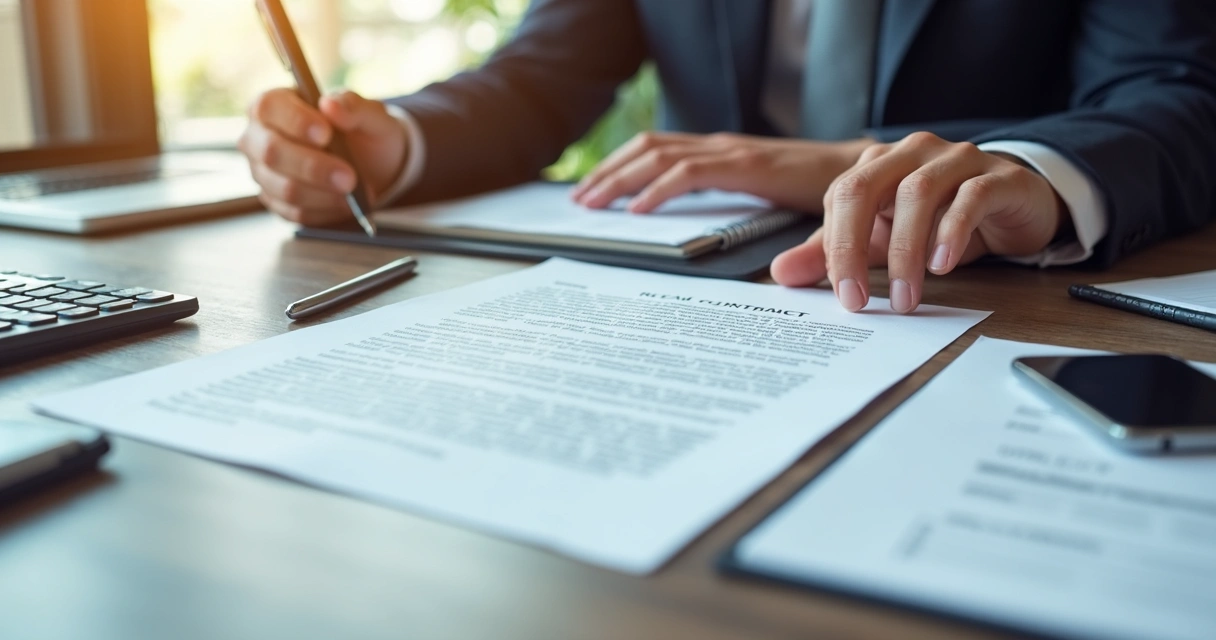 Contrato imobiliário sendo analisado com calculadora e documentos 