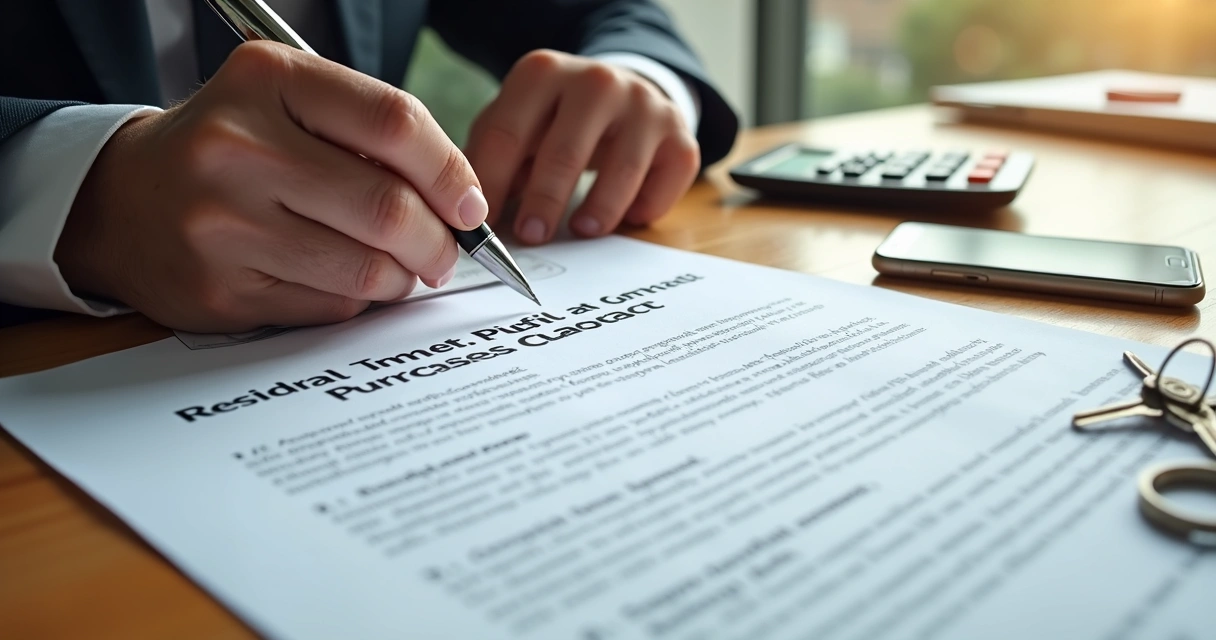 Contrato imobiliário sendo revisado com calculadora e chaves 