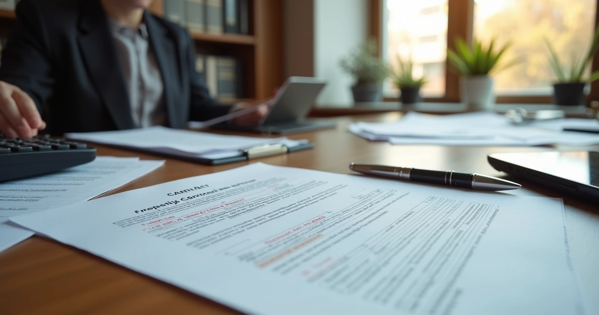 Contrato imobiliário sendo analisado com calculadora e documentos 