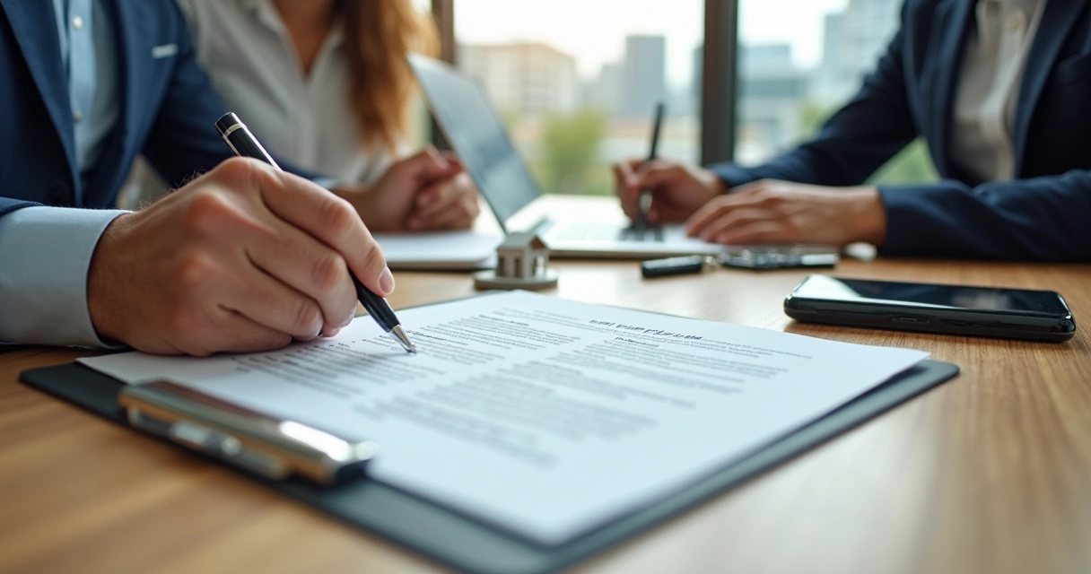 Corretor e casal analisando contrato de compra e venda de imóvel em Campinas 