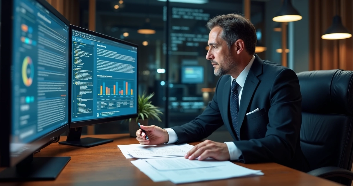Advogado revisando contrato com ferramentas de inteligência artificial