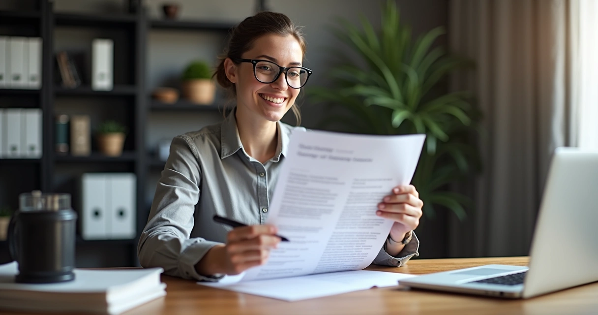 Pessoa com óculos analisando contrato imobiliário na mesa